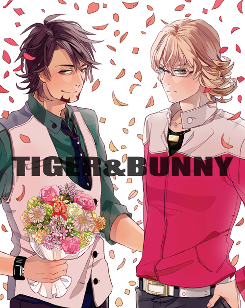 10s 2boys barnaby_brooks_jr. belt blonde_hair bouquet brown_eyes brown_hair facial_hair flower glasses green_eyes jacket jewelry kaburagi_t._kotetsu male_focus multiple_boys necklace necktie petals plant red_jacket rina rina_(toymicazm) short_hair stubble tiger_&amp;_bunny vest waistcoat white_background