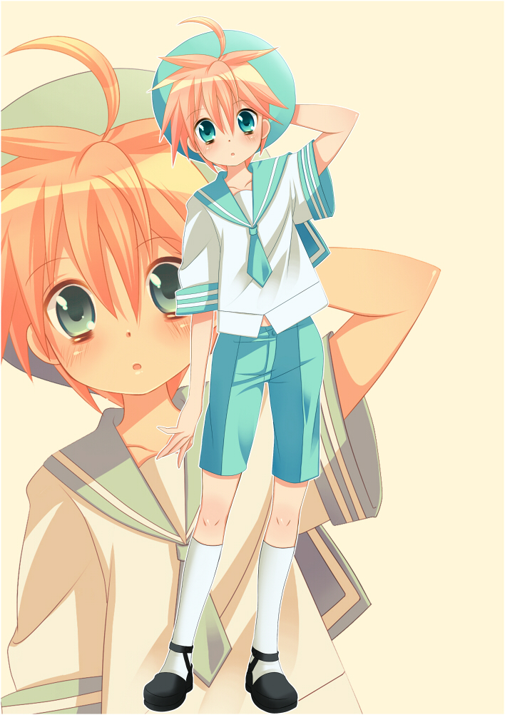 1boy ahoge bags_under_eyes blonde_hair blue_eyes blue_sailor_collar blush full_body hat kneehighs male_focus mary_janes neko_(natsuiroclassic) open_mouth original sailor sailor_collar sailor_hat shoes short_hair shorts socks solo white_socks zoom_layer