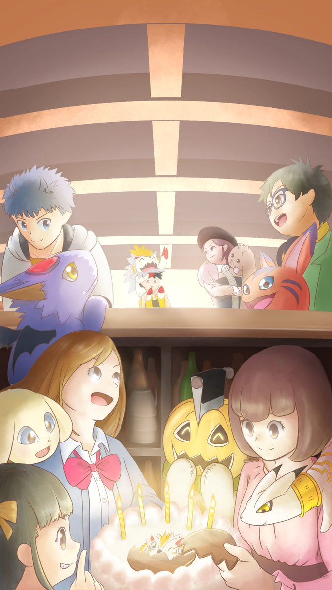 candle digicore digimon digimon_rearise dorumon elecmon glasses herissmon highres hiiragi_takumi kohinata_mayu kudamon_(digimon_savers) lopmon male_protagonist_(digimon_rearise) plotmon pumpmon ribbon shinjo_michi smile tamada_keito tamada_nozomi tsukimori_chihiro wings yellow_eyes