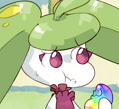 1girl abra_(artist) confused eating female_focus food gen_7_pokemon holding holding_food looking_to_the_side monster_girl nintendo no_humans no_pupils parody plant_girl poke_bean pokemon pokemon_(creature) purple_eyes solo steenee sweatdrop uchuu_patrol_luluco