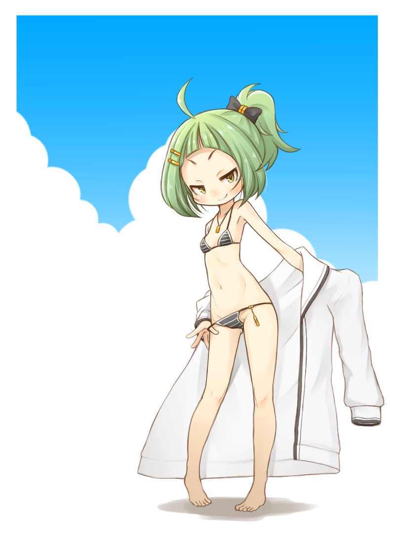 1girl ahoge bare_shoulders barefoot bikini black_bikini blue_sky bow breasts cloud commentary_request day flat_chest full_body green_eyes green_hair hair_bow hair_ornament hairclip jacket long_sleeves looking_at_viewer magia_record:_mahou_shoujo_madoka_magica_gaiden mahou_shoujo_madoka_magica miyako_hinano miyako_hinano_(swimsuit_costume) navel off_shoulder ponytail short_hair sky smile solo standing string_pull swimsuit white_jacket zangetsumaru