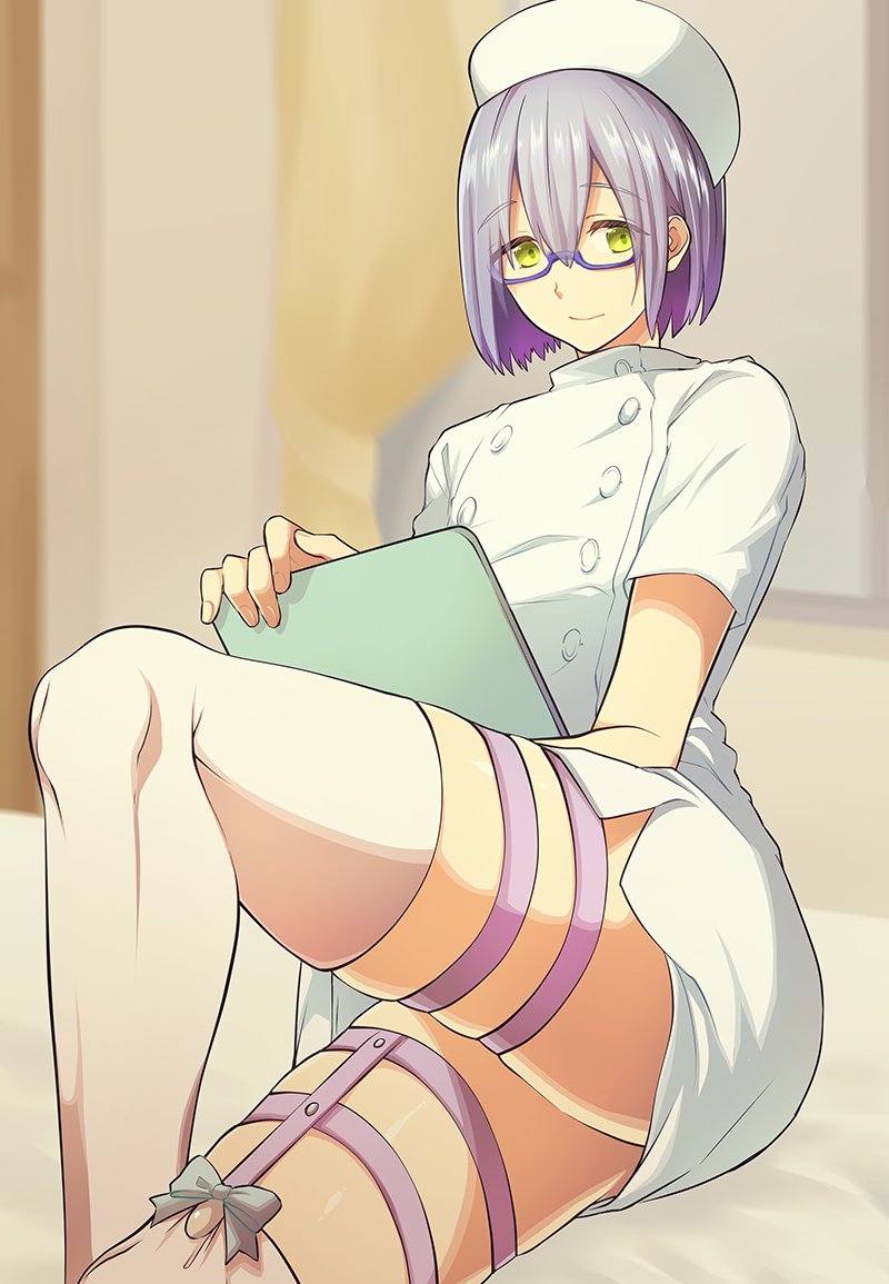 1boy androgynous clipboard crossdressing crossdressing_(mtf) garter_belt glasses green_eyes hat high_speed! looking_at_viewer male_focus memeo_(candy_house) nurse nurse_cap purple_hair ribbon semi-rimless_eyewear serizawa_nao short_hair smile thighhighs thighs trap under-rim_eyewear white_legwear