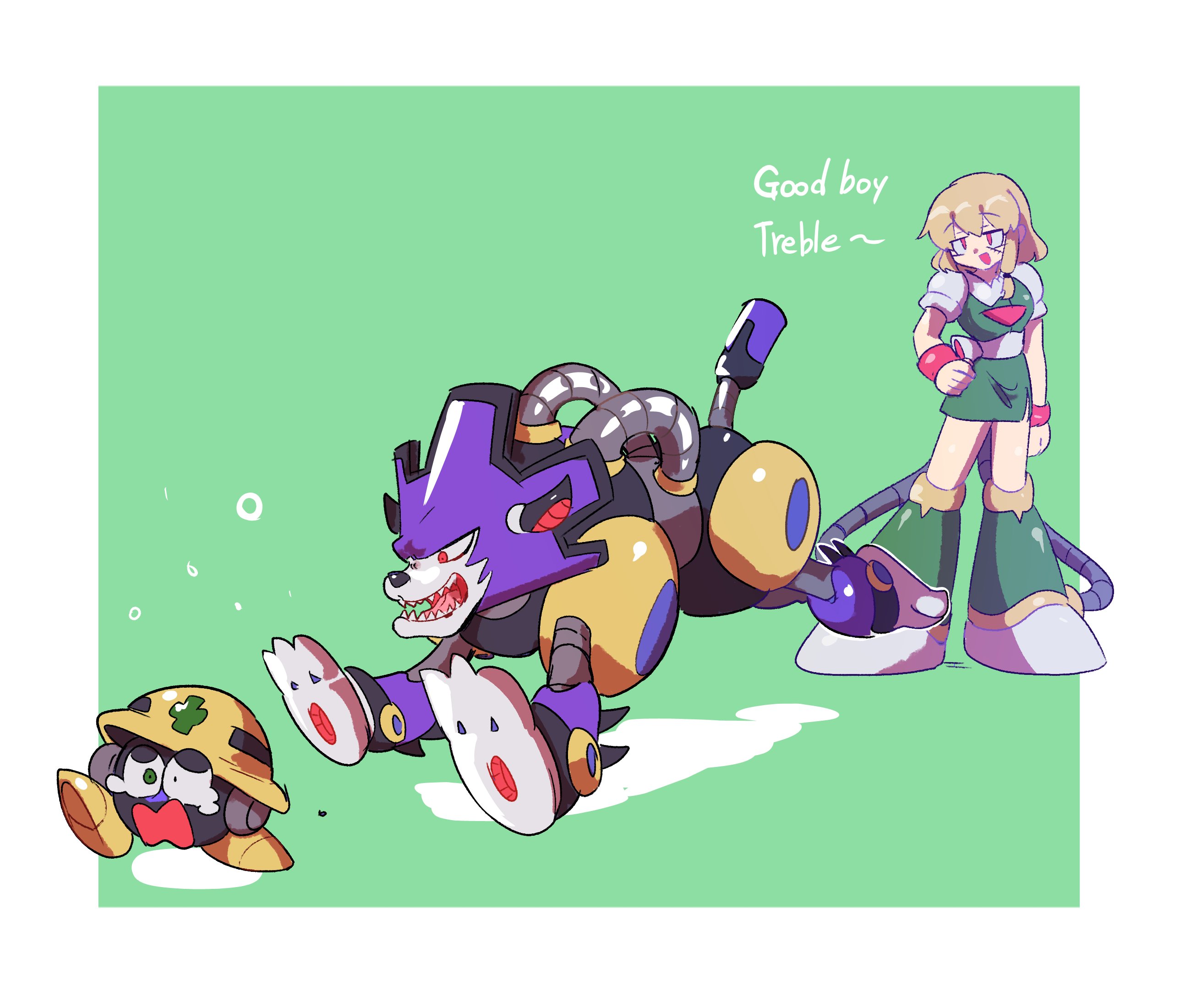 1girl android blonde_hair border chasing english_text green_background green_shirt green_skirt highres medium_hair mega_man_(classic) mega_man_(series) met_(mega_man) non-humanoid_robot piano_(srnhuyuno) red_eyes robot robot_animal robot_dog robot_girl scar scar_on_face sharp_teeth shirt simple_background skirt srnhuyuno teeth treble_(mega_man) white_border