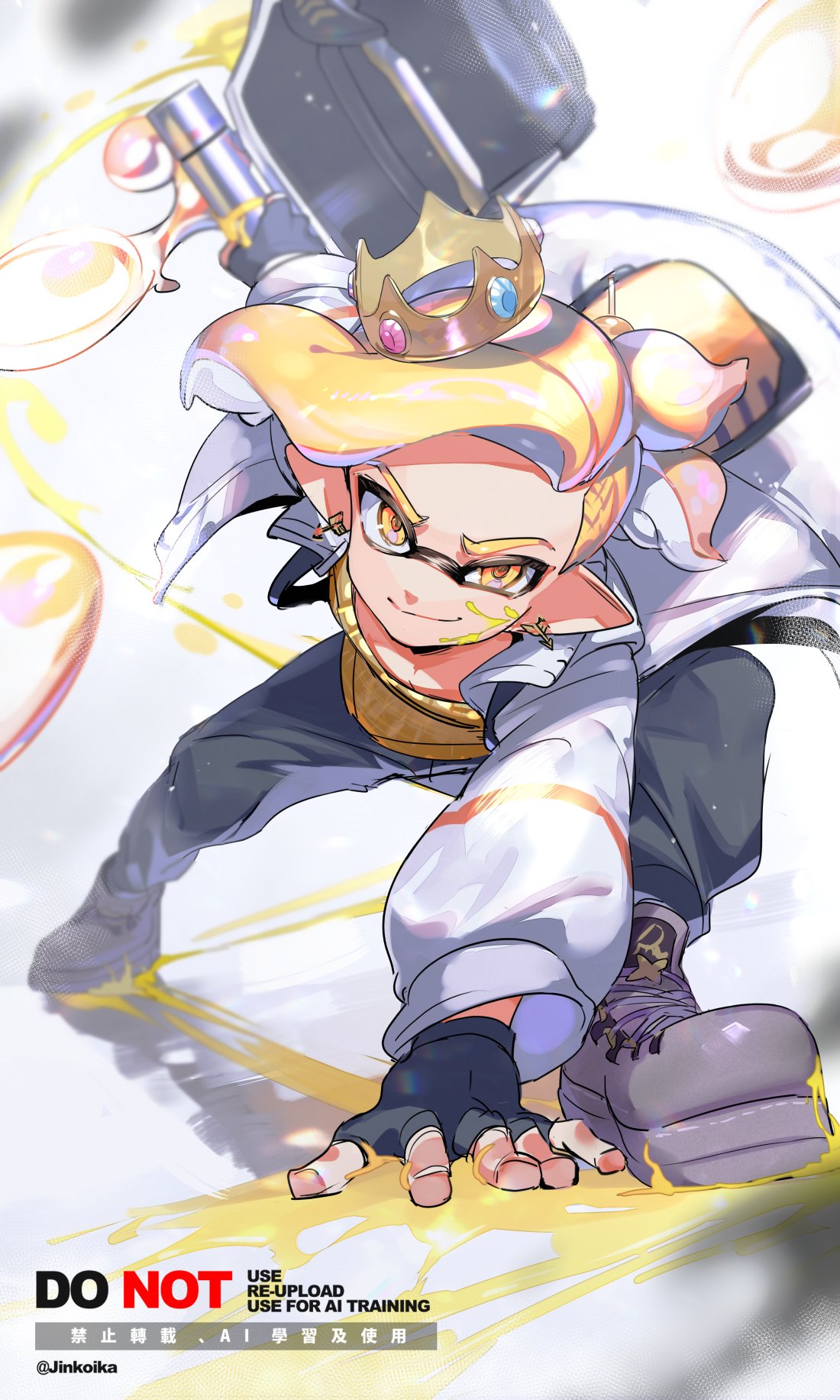 1girl black_gloves black_pants crown ed_(jinko) fingerless_gloves gloves inkling_girl inkling_player_character jinkoika nintendo pants pointy_ears solo splatoon_(series) weapon yellow_eyes