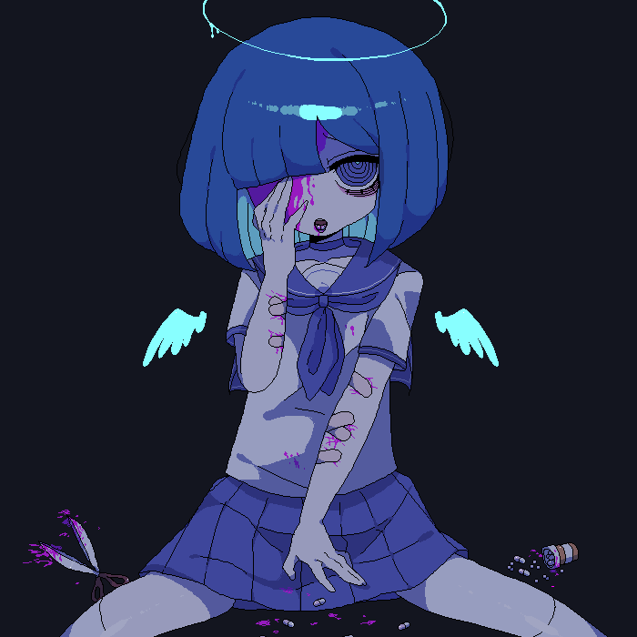 1girl bags_under_eyes bandaid bandaid_on_arm black_background blood blood_on_clothes blood_on_face blue_choker blue_eyes blue_neckerchief blue_sailor_collar blue_skirt blunt_bangs bob_cut borrowed_character choker covering_one_eye deliriumcenter looking_at_viewer nanako_(chibikki) neckerchief open_mouth original pill pink_blood sailor_collar school_uniform scissors serafuku short_hair simple_background sitting skirt solo white_serafuku wings