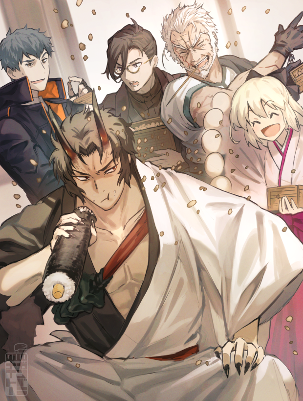 1girl 4boys beans beard black_coat black_gloves black_hair blonde_hair brown_hair coat eating ehoumaki facial_hair facial_scar fate/grand_order fate_(series) fingerless_gloves food glasses gloves grey_hair hijikata_toshizou_(fate) horns japanese_clothes kimono makizushi multiple_boys nagakura_shinpachi_(fate) okita_souji_(fate) oni_costume pink_kimono saitou_hajime_(fate) scar scar_on_cheek scar_on_face setsubun sushi takuan teria_(teriarian) white_hair yamanami_keisuke_(fate)