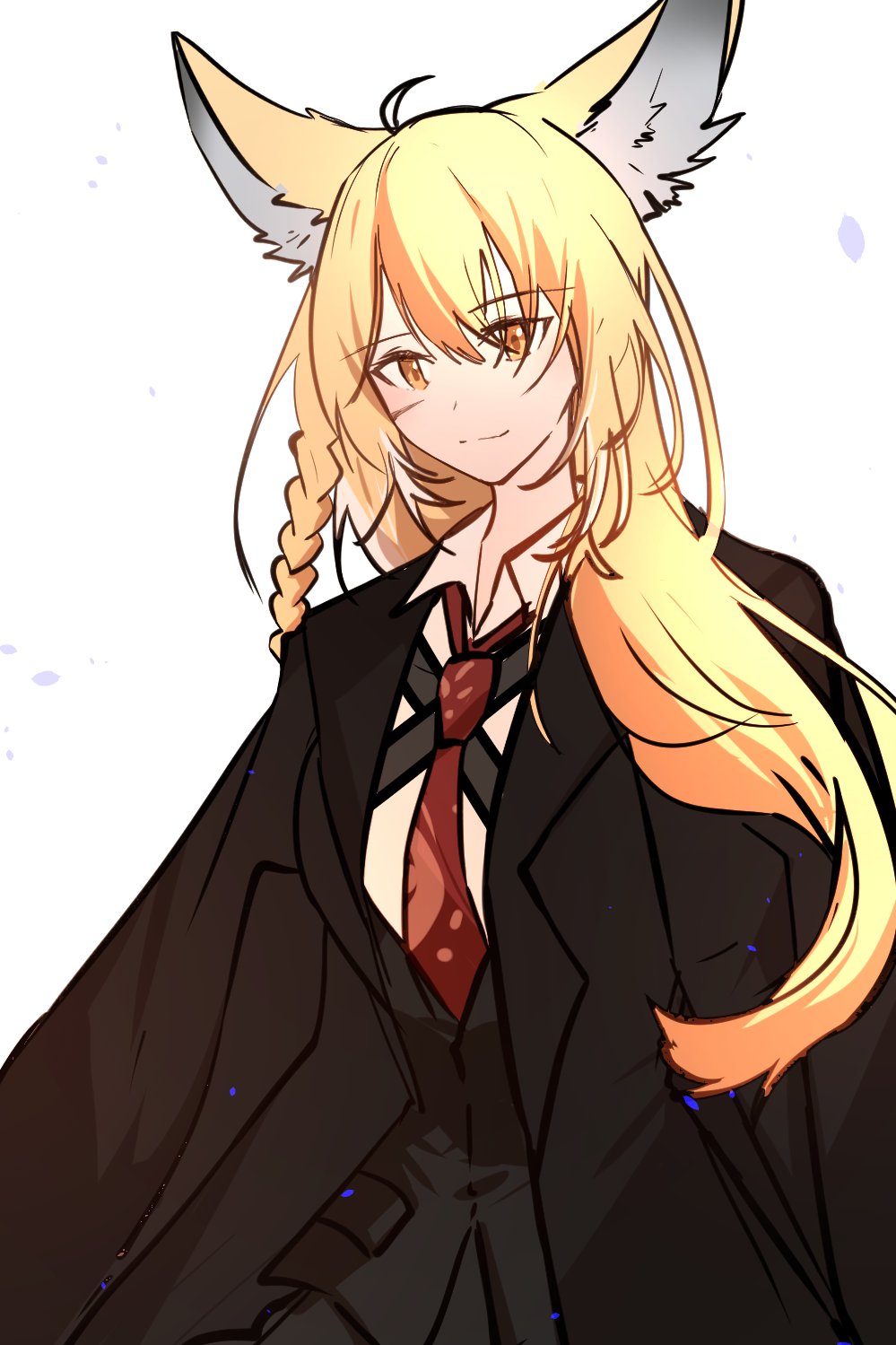 1girl animal_ear_fluff animal_ears arknights arya_melati black_suit blonde_hair braid closed_mouth collared_shirt commentary english_commentary facial_scar formal_clothes fox_ears fox_girl hair_between_eyes highres light_blush light_smile long_hair looking_at_viewer necktie orange_eyes red_necktie scar scar_on_cheek scar_on_face shirt solo suit vulpisfoglia_(arknights) white_shirt