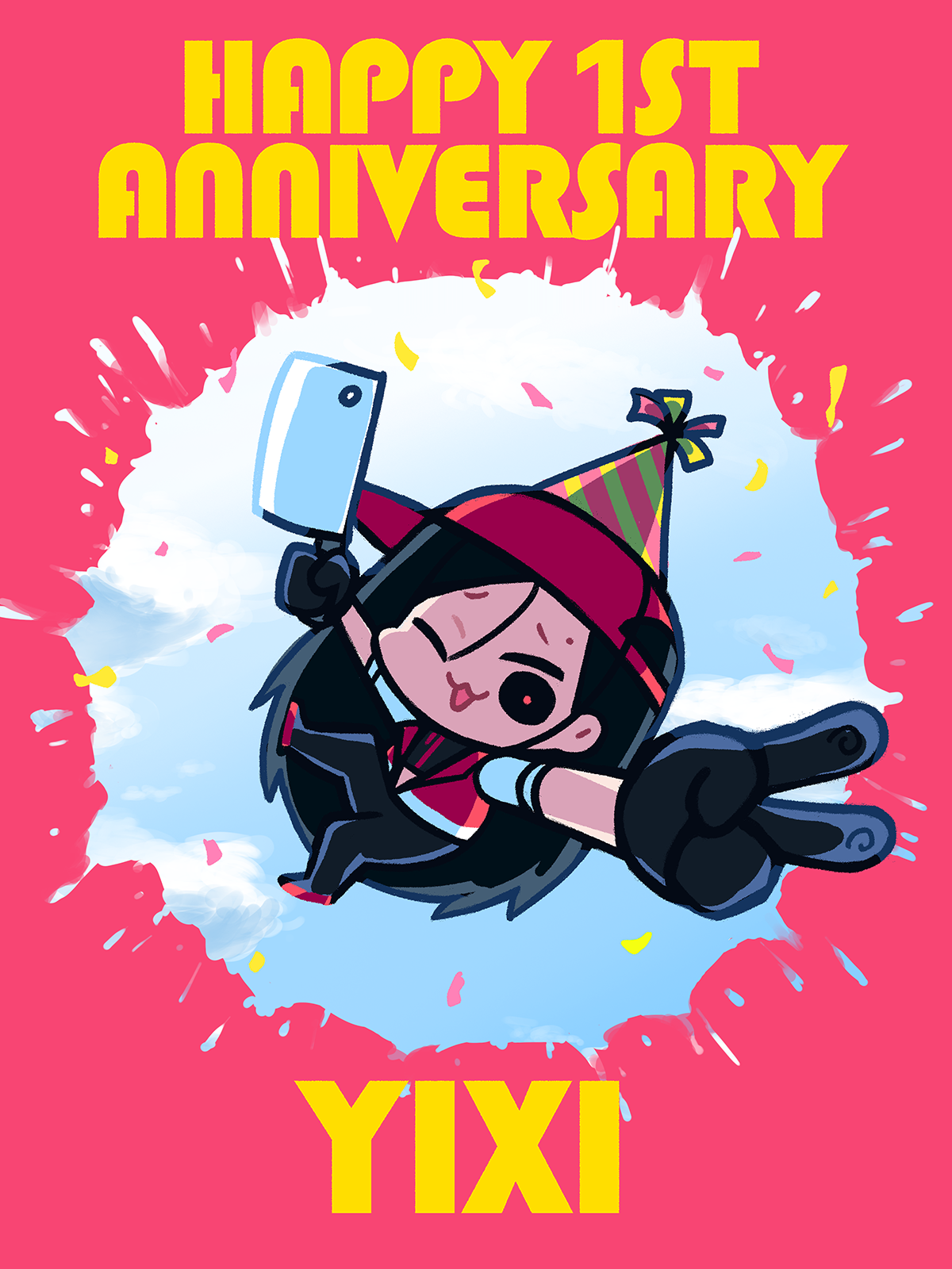 1girl :3 anniversary backwards_hat baseball_cap black_eyes black_gloves black_hair black_pants black_shirt character_name chibi chibi_only cleaver confetti english_text gloves happy_anniversary hat highres holding holding_cleaver jacket long_hair looking_at_viewer one_eye_closed open_mouth pants party_hat pink_background red_hat red_jacket red_pupils red_shoes shirt shoes short_sleeves solo splatter striped_hat synthesizer_v takulai v vimalion_pro white_trim yi_xi_(synthesizer_v)