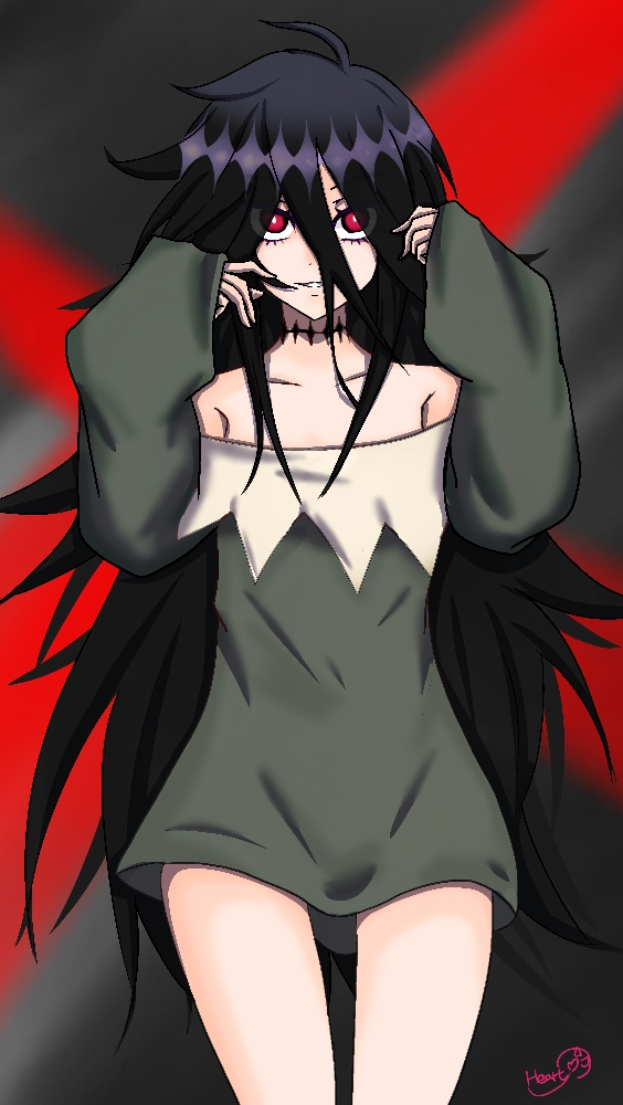 1girl ahoge bare_legs bare_shoulders black_background black_hair bright_pupils collarbone commentary_request cowboy_shot green_shirt hair_between_eyes long_eyelashes long_hair looking_at_viewer messy_hair pink_eyes red_background seductive_smile sentai_daishikkaku sentouin_xx shirt smile solo two-tone_background v white_pupils wide_sleeves