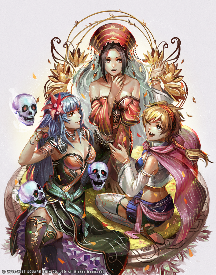 blonde_hair blue_hair blue_skirt breasts cat_(saga) cleavage closed_mouth commentary_request detached_sleeves dress emperors_saga flower hair_ornament hairband long_hair multiple_girls nitamame official_art open_mouth red_eyes rocbouquet_(saga) romancing_saga_2 saga short_hair skirt smile square_enix thighhighs white_legwear