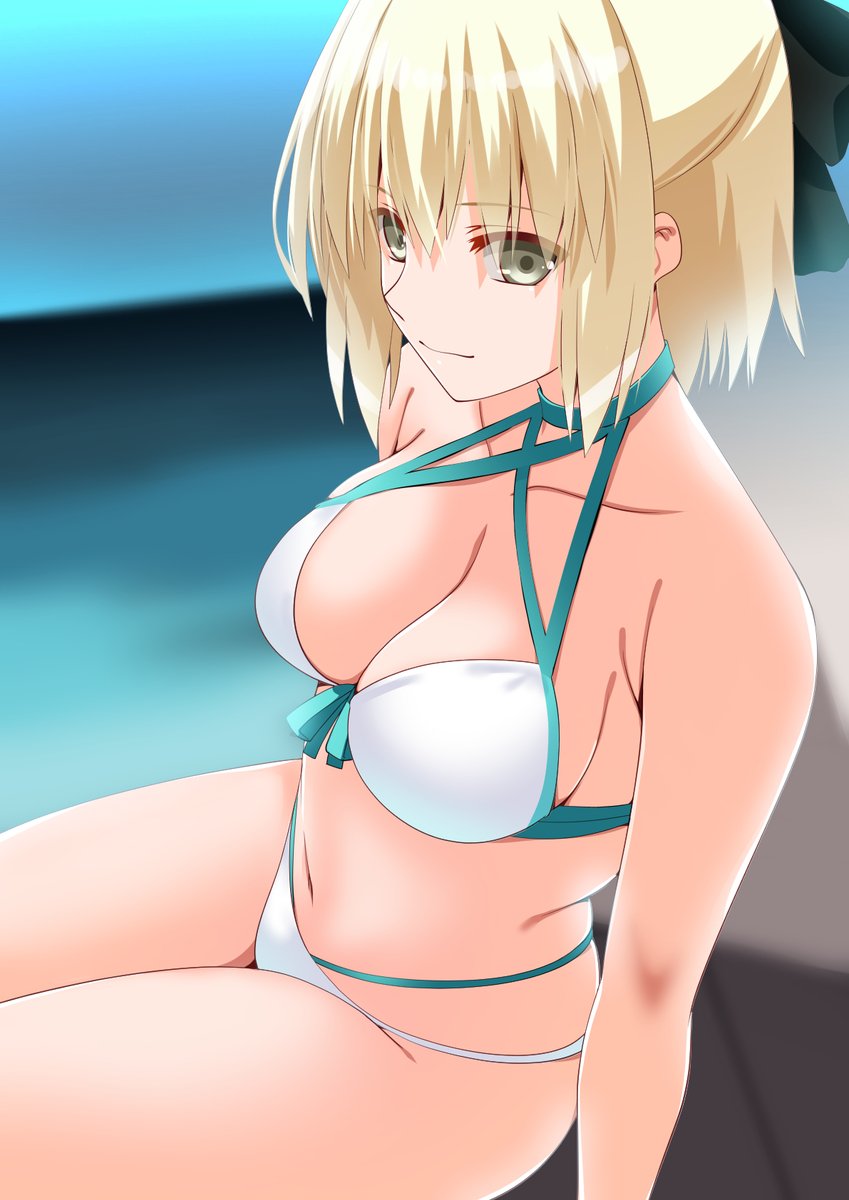 1girl ahoge aqua_bow bare_shoulders bikini blonde_hair bow breasts cleavage collarbone engo_(aquawatery) fate/grand_order fate_(series) hair_bow half_updo highleg highleg_bikini highres large_breasts looking_at_viewer okita_j._souji_(fate) okita_j._souji_(third_ascension)_(fate) okita_souji_(fate) short_hair smile solo swimsuit thighs white_bikini yellow_eyes