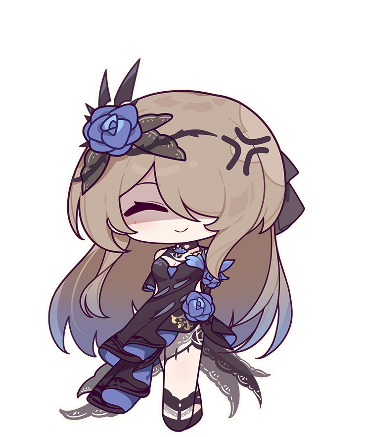 1girl anger_vein brown_hair chibi closed_mouth dress eta facing_viewer false_smile flower full_body hair_flower hair_ornament honkai_(series) honkai_impact_3rd long_hair mole mole_under_eye official_art purple_dress purple_flower purple_rose rita_rossweisse rita_rossweisse_(fallen_rosemary) rose smile solo third-party_source very_long_hair
