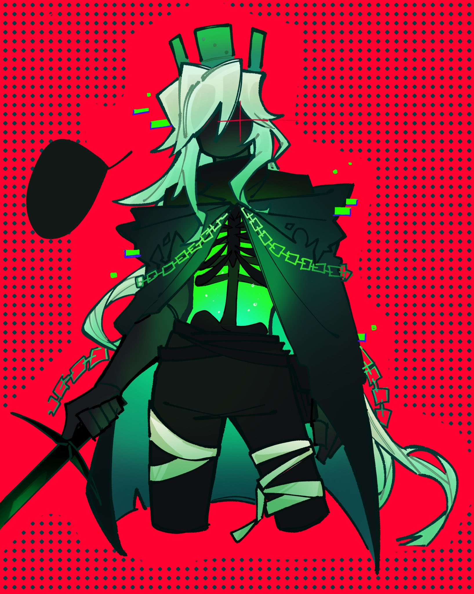 1boy 1x1x1x1_(roblox) black_cape black_pants black_skin cape chain colored_skin cowboy_shot crown digital_dissolve forsaken_(roblox) green_crown highres holding holding_sword holding_weapon long_hair looking_at_viewer pants red_background ribs roblox see-through_body sidelocks simple_background skeleton solo speech_bubble sword very_long_hair weapon white_hair zug0101