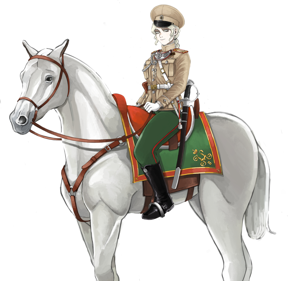 1girl army belt belt_buckle black_boots boots braid breast_pocket breasts brown_hat brown_jacket buckle cockade drill_hair drill_sidelocks epaulettes gloves green_pants grin hat high_collar holding holster horse horseback_riding imperial_russian_army jacket katyusha_(98269886) leather leather_belt leather_boots long_hair long_sleeves looking_at_viewer medium_breasts military military_hat military_uniform original pants parted_lips peaked_cap pink_lips pocket riding russian_empire russian_text saber_(weapon) sidelocks simple_background single_braid sitting smile solo striped_clothes striped_pants sword weapon white_background white_belt white_eyes white_gloves world_war_i