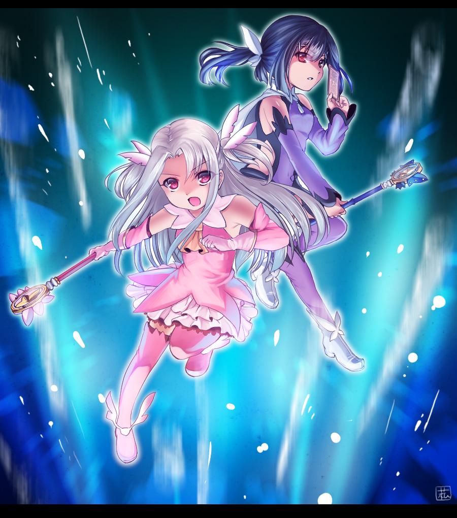 2girls bad_id bad_pixiv_id black_hair boots fate/kaleid_liner_prisma_illya fate_(series) feather_hair_ornament feathers hair_ornament hairclip illyasviel_von_einzbern kaleidostick long_hair magical_girl magical_sapphire miyu_edelfelt miyu_edelfelt_(magical_girl) multiple_girls pink_boots ponytail prisma_illya red_eyes silver_hair thigh_boots thighhighs two_side_up yasuo_(torinikukani) yellow_eyes