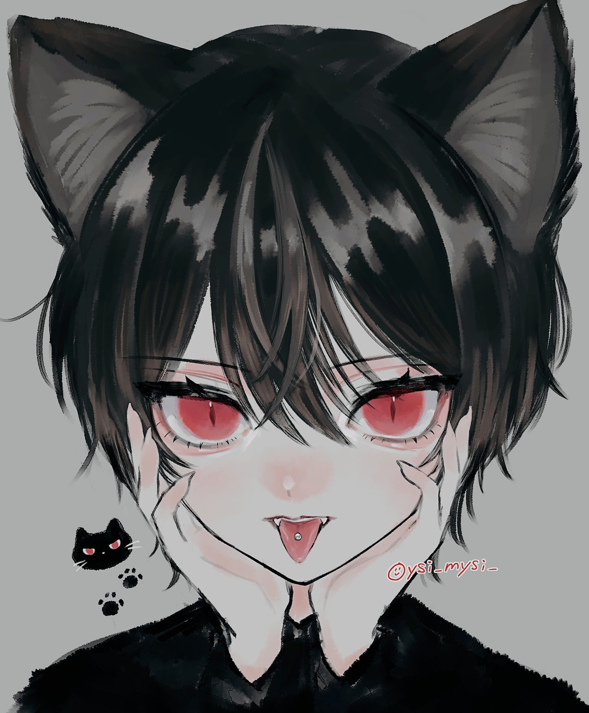 1boy animal_ears animal_hands black_hair black_shirt cat_boy cat_ears cat_paws commentary_request eyelashes fangs fingernails grey_background hair_between_eyes hands_on_own_face highres looking_at_viewer male_focus original oysi_mysi piercing portrait red_eyes sharp_fingernails shirt short_hair simple_background slit_pupils solo teeth tongue tongue_out tongue_piercing twitter_username upper_teeth_only