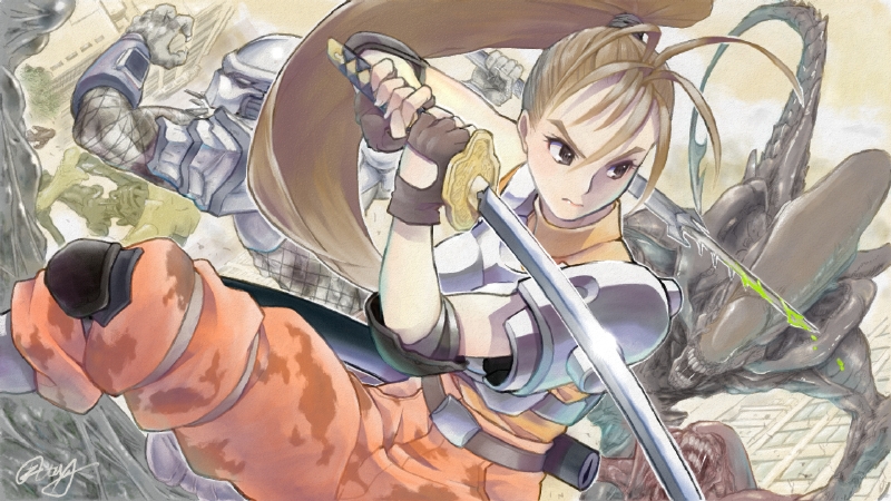 1girl 3: alien alien_(series) alien_vs._predator armor belt black_gloves blood breastplate breasts brown_belt brown_hair camouflage closed_mouth colored_blood elbow_pads eyelashes fingerless_gloves frown gloves green_blood grey_eyes hair_tie hanabusa_(xztr3448) high_ponytail holding holding_sword holding_weapon katana knee_pads linn_kurosawa long_hair medium_breasts pants pocket ponytail predator_(character) predator_(series) red_pants sheath shoulder_pads signature solo_focus sword v-shaped_eyebrows weapon xenomorph