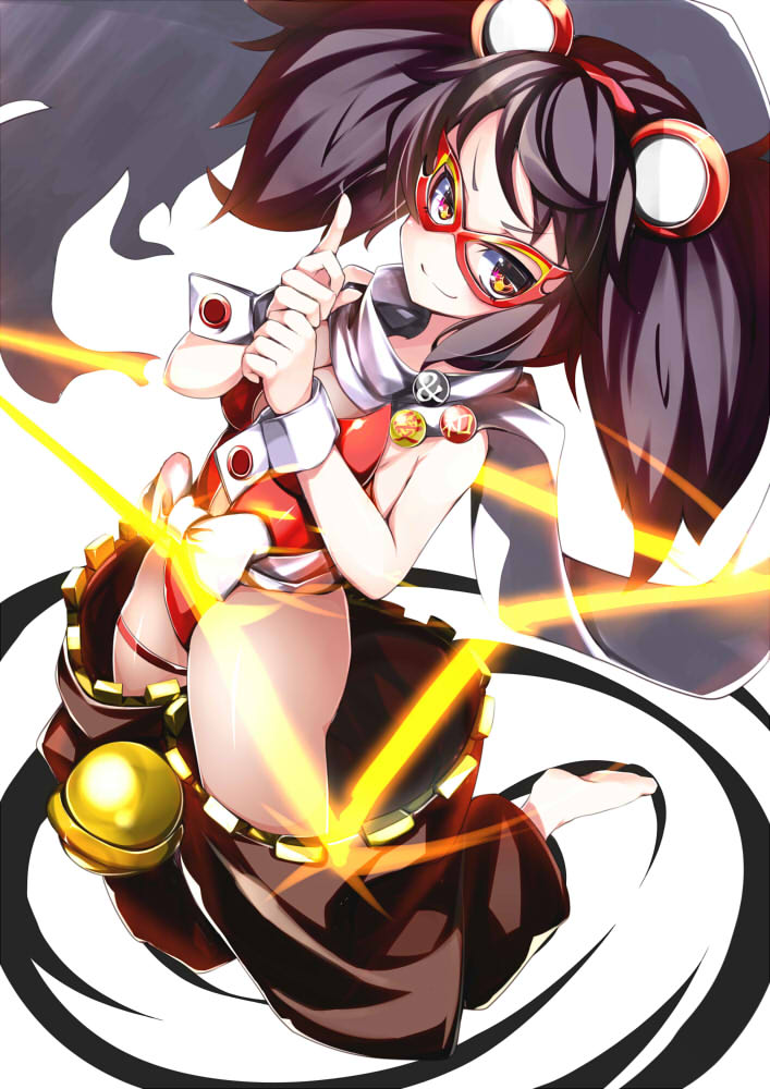 1girl animal_ears barefoot bell black_hair bombergirl closed_mouth domino_mask fake_animal_ears hairband jingle_bell leotard long_hair mask mouse_ears omochishiki pink_eyes red_hairband red_leotard red_mask scarf smile solo strapless strapless_leotard thigh_strap torn_clothes torn_scarf twintails urushi_(bombergirl) v-shaped_eyebrows white_scarf zipper