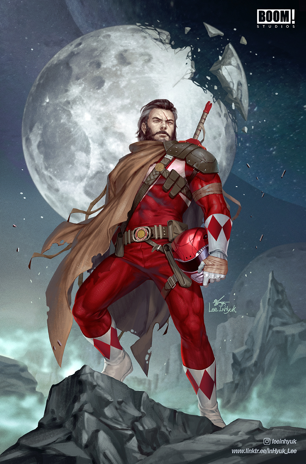 1boy armor beard belt black_hair bodysuit boom!_studios broken_moon brown_cape cape comic_cover cover dino_buckler facial_hair gloves helmet highres holding holding_helmet in-hyuk_lee jason_lee_scott mask mighty_morphin_power_rangers mighty_morphin_red_ranger moon mustache official_art power_rangers power_rangers_(boom!_studios) red_bodysuit scar scar_on_face shoulder_armor standing sword tokusatsu tyranno_ranger weapon western_comics_(style)