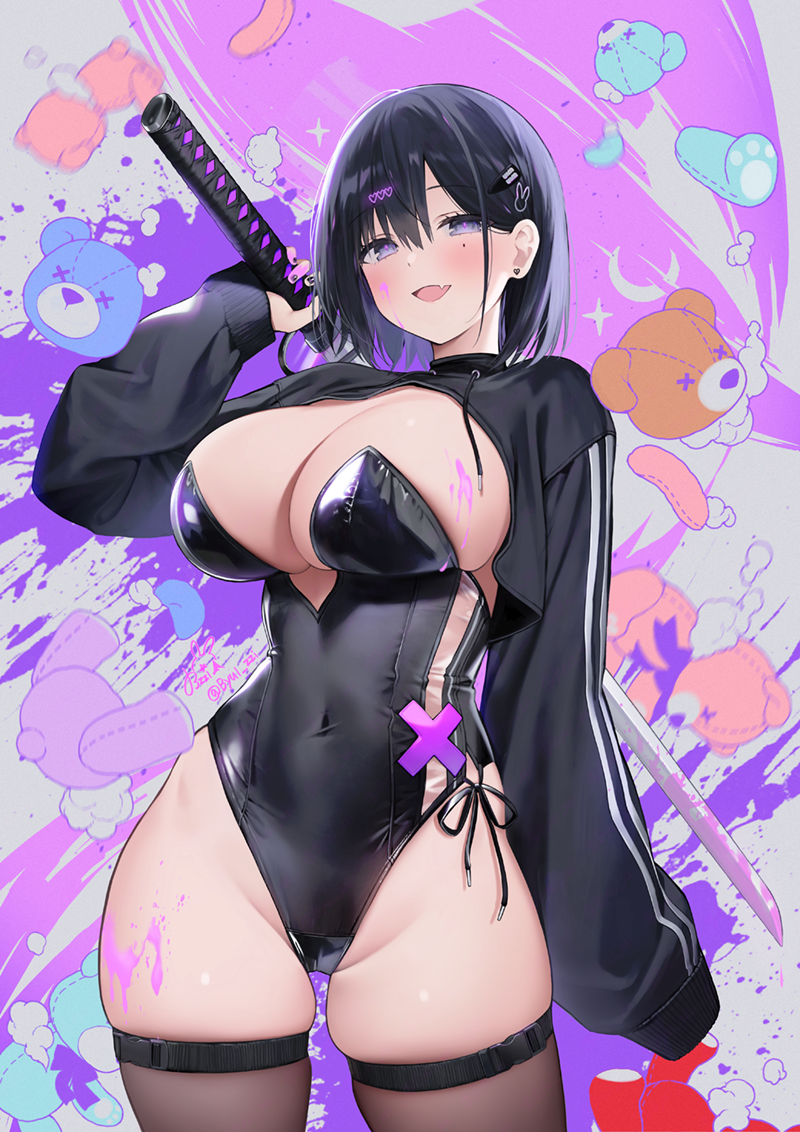 1girl :d black_hair black_leotard black_nails breasts brown_thighhighs byulzzi cleavage commentary_request covered_navel cowboy_shot drawstring fang hair_ornament hairclip hand_up highleg highleg_leotard holding holding_sword holding_weapon katana large_breasts leotard long_sleeves looking_at_viewer mole mole_under_eye nail_polish open_mouth original playboy_bunny purple_eyes short_hair shrug_(clothing) skindentation smile solo standing strapless strapless_leotard sword thighhighs thighs weapon