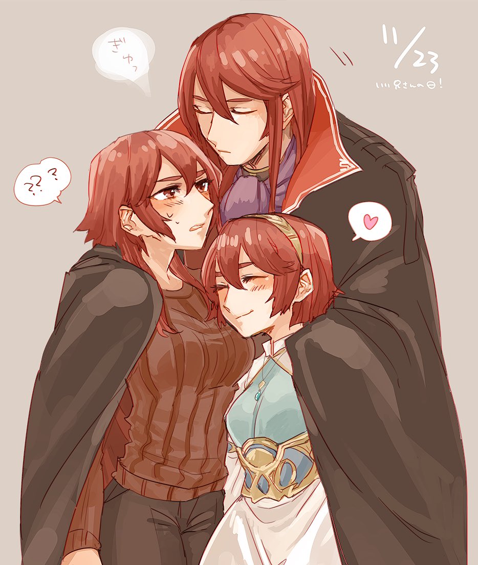 1boy 2girls armor bad_id bad_twitter_id blush brother_and_sister closed_eyes dress fire_emblem fire_emblem:_mystery_of_the_emblem hairband headband hug long_hair maria_(fire_emblem) minerva_(fire_emblem) misheil_(fire_emblem) multiple_girls nintendo red_eyes red_hair short_hair siblings sisters smile