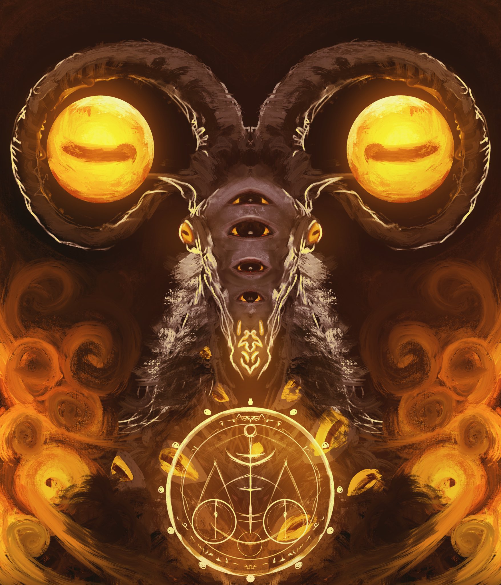 balance_scale colored_sclera cropped_shoulders disembodied_eye elden_ring elden_ring_nightreign extra_eyes facing_viewer glowing goat_horns highres horizontal_pupils horns libra_(elden_ring) looking_at_viewer monster monster_focus sigil solo thefearmaster very_big_eyes weighing_scale yellow_sclera