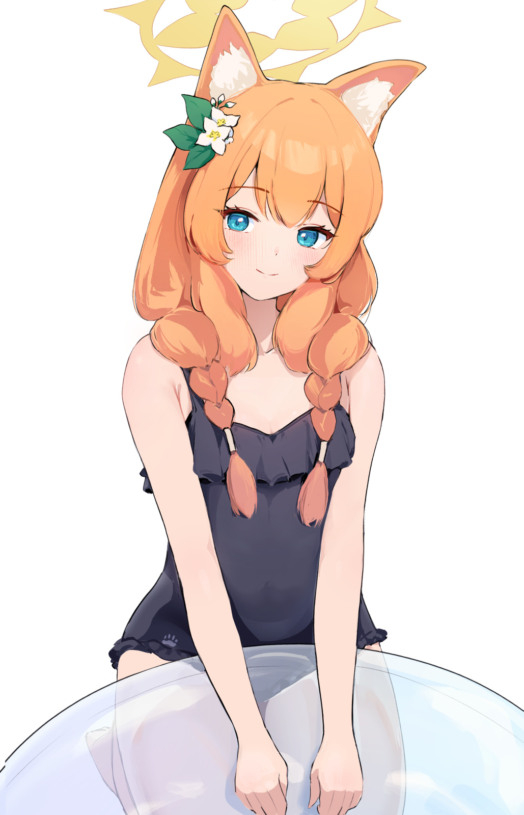 1girl animal_ear_fluff animal_ears aqua_eyes armpit_crease bare_arms bare_shoulders black_one-piece_swimsuit blue_archive blush braid breasts cat_ears cleavage closed_mouth flower hair_flower hair_ornament hair_tubes halo highres holding holding_swim_ring innertube kneeling mari_(blue_archive) mari_(swimsuit)_(blue_archive) one-piece_swimsuit orange_hair ryh4 simple_background small_breasts smile solo swim_ring swimsuit twin_braids white_background