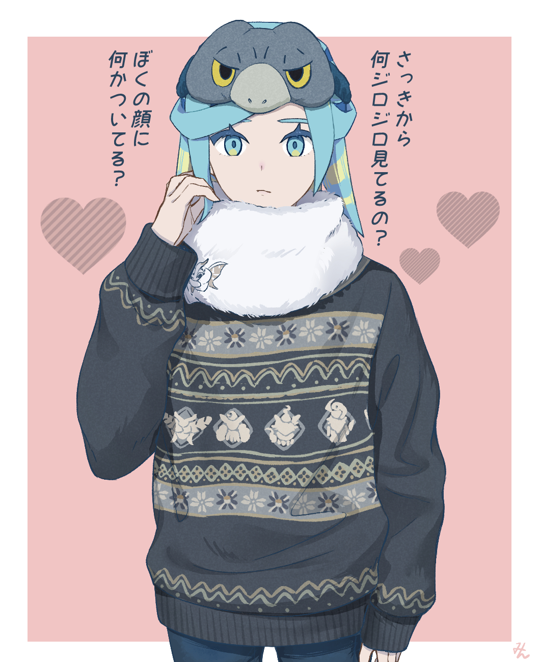1boy aqua_eyes aqua_hair arm_at_side border closed_mouth commentary_request cowboy_shot eyelashes frigibax frosmoth gen_8_pokemon grusha_(pokemon) heart highres long_sleeves looking_at_viewer male_focus min_(myna8247) nintendo pants pokemon pokemon_sv print_sweater scarf sweater themed_object translation_request white_border white_scarf
