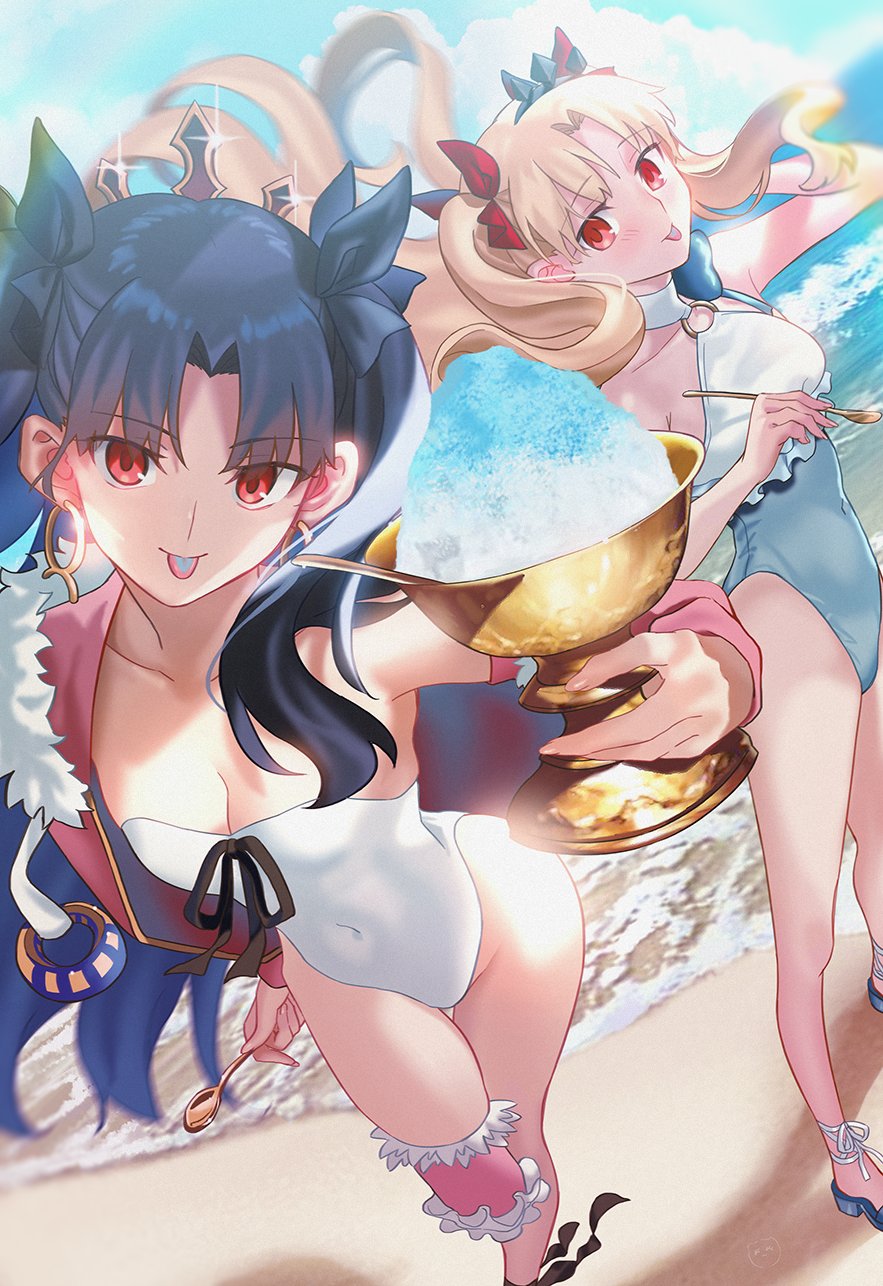 2girls aora bare_shoulders beach black_hair blonde_hair blue_sky bow breasts chalice cleavage covered_navel cup earrings ereshkigal_(fate) fate/grand_order fate_(series) food fur-trimmed_legwear fur_trim grey_one-piece_swimsuit hair_bow hair_ribbon hairband highres holy_grail_(fate) hood hooded_jacket hoop_earrings ishtar_(fate) ishtar_(swimsuit_rider)_(fate) jacket jewelry long_hair long_sleeves looking_at_viewer medium_breasts multiple_girls o-ring one-piece_swimsuit parted_bangs pink_jacket pink_thighhighs red_eyes ribbon shaved_ice shore single_thighhigh sky smile space_ereshkigal_(fate) space_ereshkigal_(first_ascension)_(fate) spoon swimsuit thighhighs tiara tongue tongue_out two-tone_swimsuit two_side_up white_one-piece_swimsuit