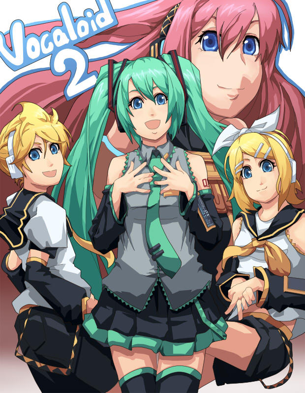 1boy 3girls black_boots black_sailor_collar black_shorts black_skirt black_sleeves blonde_hair blue_eyes blue_hair blue_necktie boots bow closed_mouth collared_shirt commentary_request cowboy_shot detached_sleeves grey_shirt hair_bow hatsune_miku headphones hutene kagamine_len kagamine_rin long_hair long_sleeves looking_at_viewer megurine_luka miniskirt multiple_girls neckerchief necktie number_tattoo open_mouth pink_hair pleated_skirt sailor_collar shirt shorts shoulder_tattoo simple_background sitting skirt sleeveless sleeveless_shirt smile tattoo thigh_boots twintails very_long_hair vocaloid white_background white_bow white_shirt yellow_neckerchief