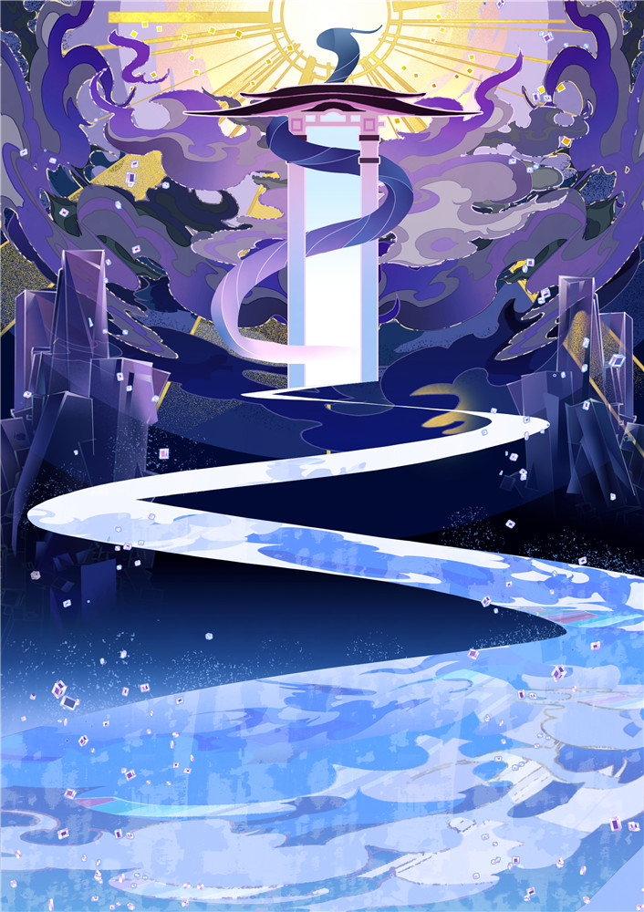 animal chinese_commentary cloud crystal dr.k gate giant_snake lightning no_humans oversized_animal path road scenery shards snake sunburst the_tale_of_food