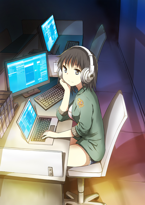 1girl bare_shoulders black_hair blush brown_eyes chair computer computer_keyboard cutoffs denim denim_shorts female_focus office_chair original se_(system_engineer) short_hair shorts sitting solo swivel_chair ubizo