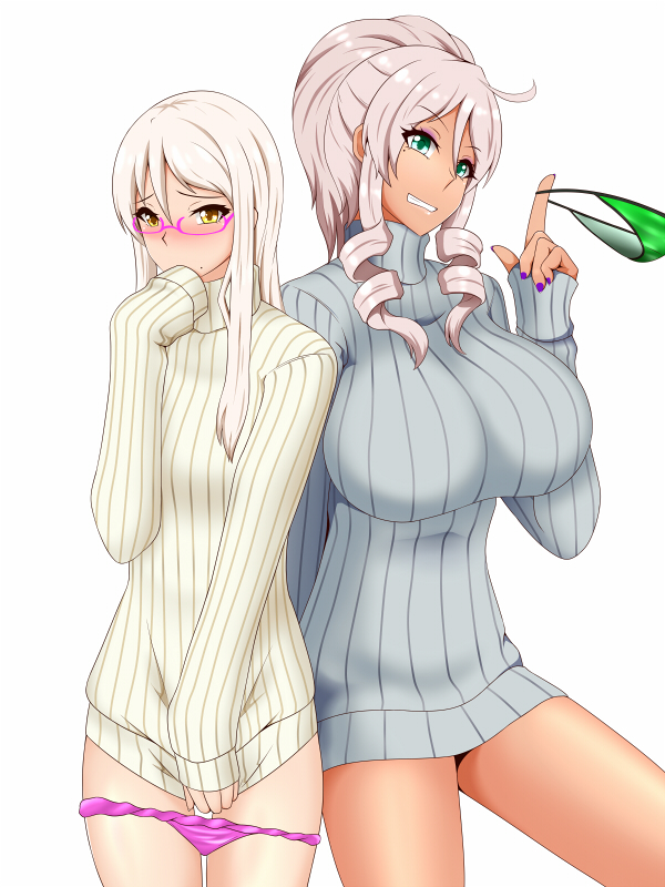2girls blush breasts commentary_request cowboy_shot drill_hair drill_sidelocks green_eyes green_panties grey_hair grin hair_between_eyes lactone long_hair multiple_girls no_panties original panties unworn_panties panty_pull pink_panties red-framed_eyewear ribbed_sweater sidelocks small_breasts smile sweater underwear white_background white_hair yellow_eyes