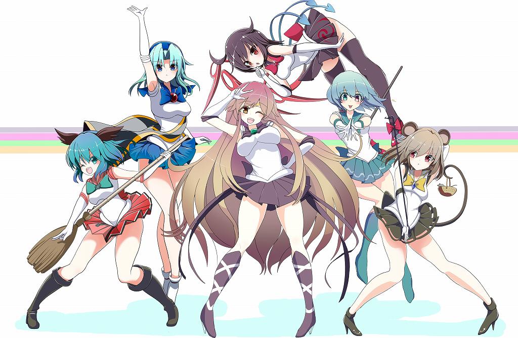 6+girls :d alternate_costume amisu armpits basket bishoujo_senshi_sailor_moon blush bow bowtie breasts broom cosplay dowsing_rod elbow_gloves gloves high_heels hijiri_byakuren houjuu_nue kasodani_kyouko kumoi_ichirin looking_at_viewer medium_breasts mouse_(animal) multiple_girls nazrin open_mouth parody pleated_skirt sailor_senshi sailor_senshi_(cosplay) school_uniform skirt smile tatara_kogasa tongue tongue_out touhou unofficial_sailor_senshi_uniform white_gloves