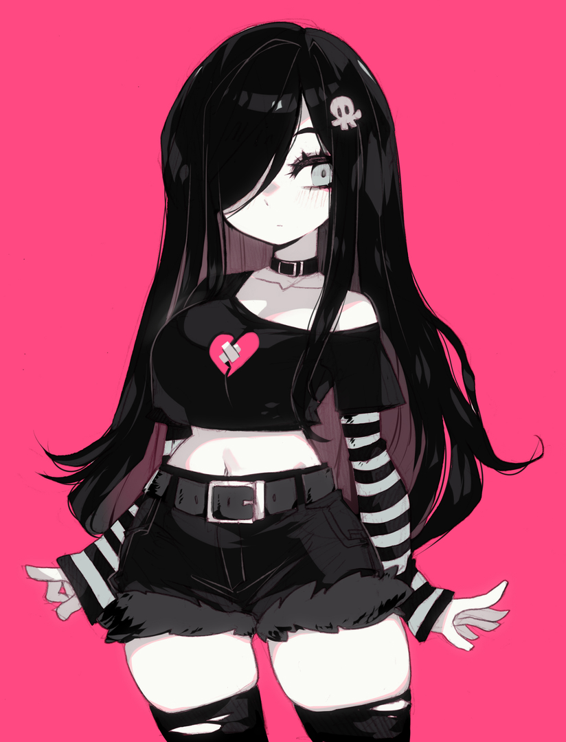1girl aria_wintermint asymmetrical_breasts belt black_hair blush breasts broken_heart_print choker closed_mouth collarbone commentary contrapposto cowboy_shot crop_top cropped_shirt goth_fashion hair_ornament hair_over_one_eye high-waist_shorts large_breasts layered_sleeves long_hair long_sleeves midriff navel parororo pink_background short_over_long_sleeves short_shorts short_sleeves shorts single_bare_shoulder skindentation solo standing stomach striped_sleeves the_crawling_city thighhighs torn_clothes torn_thighhighs