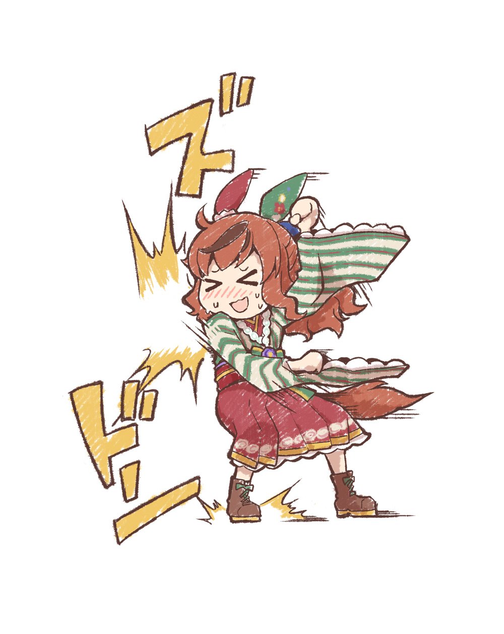 &gt;_&lt; animal_ears arm_up bajiquan_(martial_arts) boots bumping chibi clenched_hands closed_eyes ear_covers highres horse_ears horse_tail japanese_clothes kimono long_sleeves motion_lines nice_nature_(converging_wishes)_(umamusume) nice_nature_(negaino_kasane)_(umamusume) nice_nature_(umamusume) official_alternate_costume official_alternate_hairstyle open_mouth red_hair satomura_kyou simple_background sweat sweatdrop tail tetsuzankou umamusume white_background
