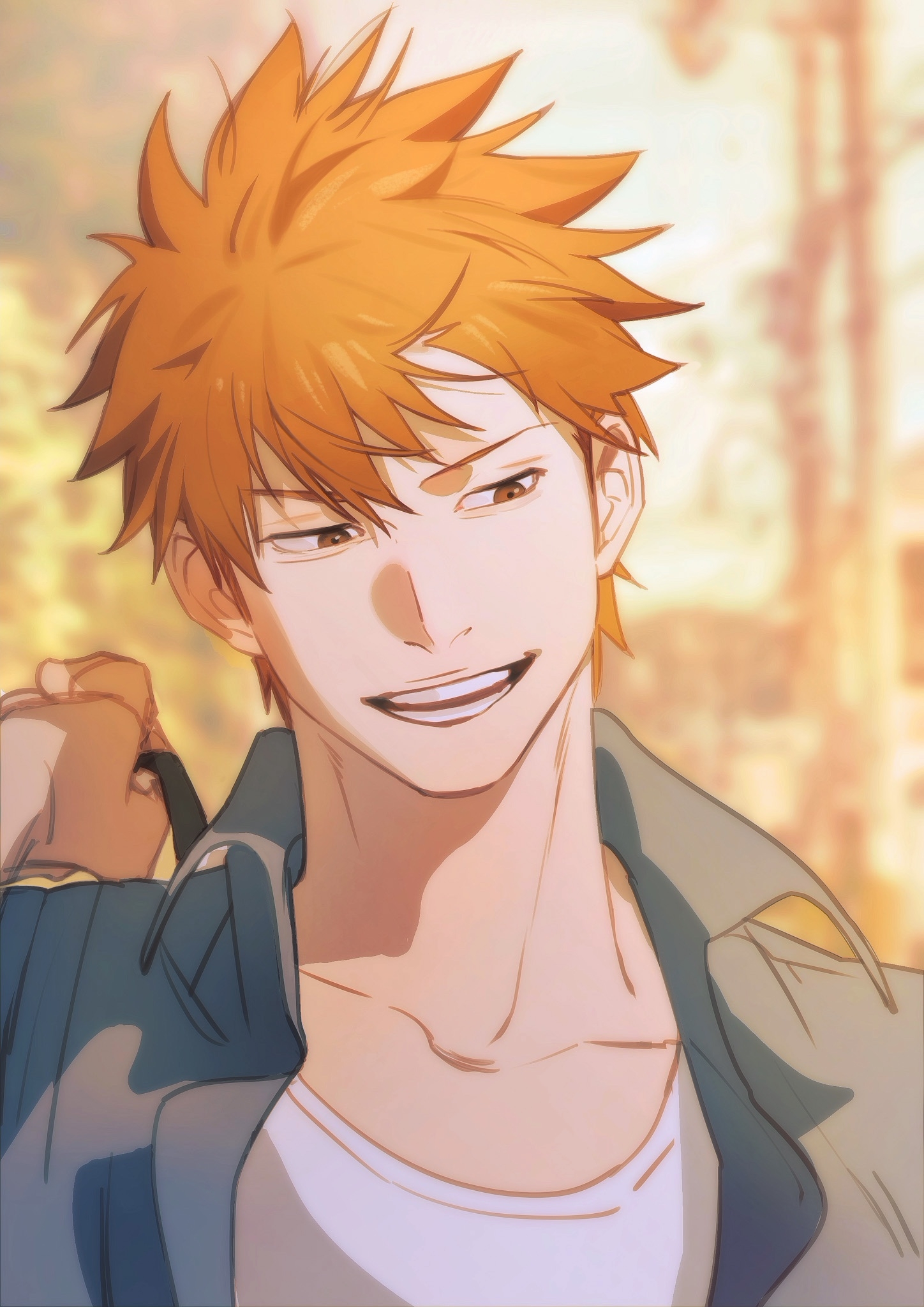 1boy bag bleach collared_shirt day grey_shirt highres holding holding_bag kurosaki_ichigo male_focus open_clothes open_mouth open_shirt orange_hair outdoors school_bag shirt short_hair smile solo tank_top tobu_(bilibil) white_tank_top