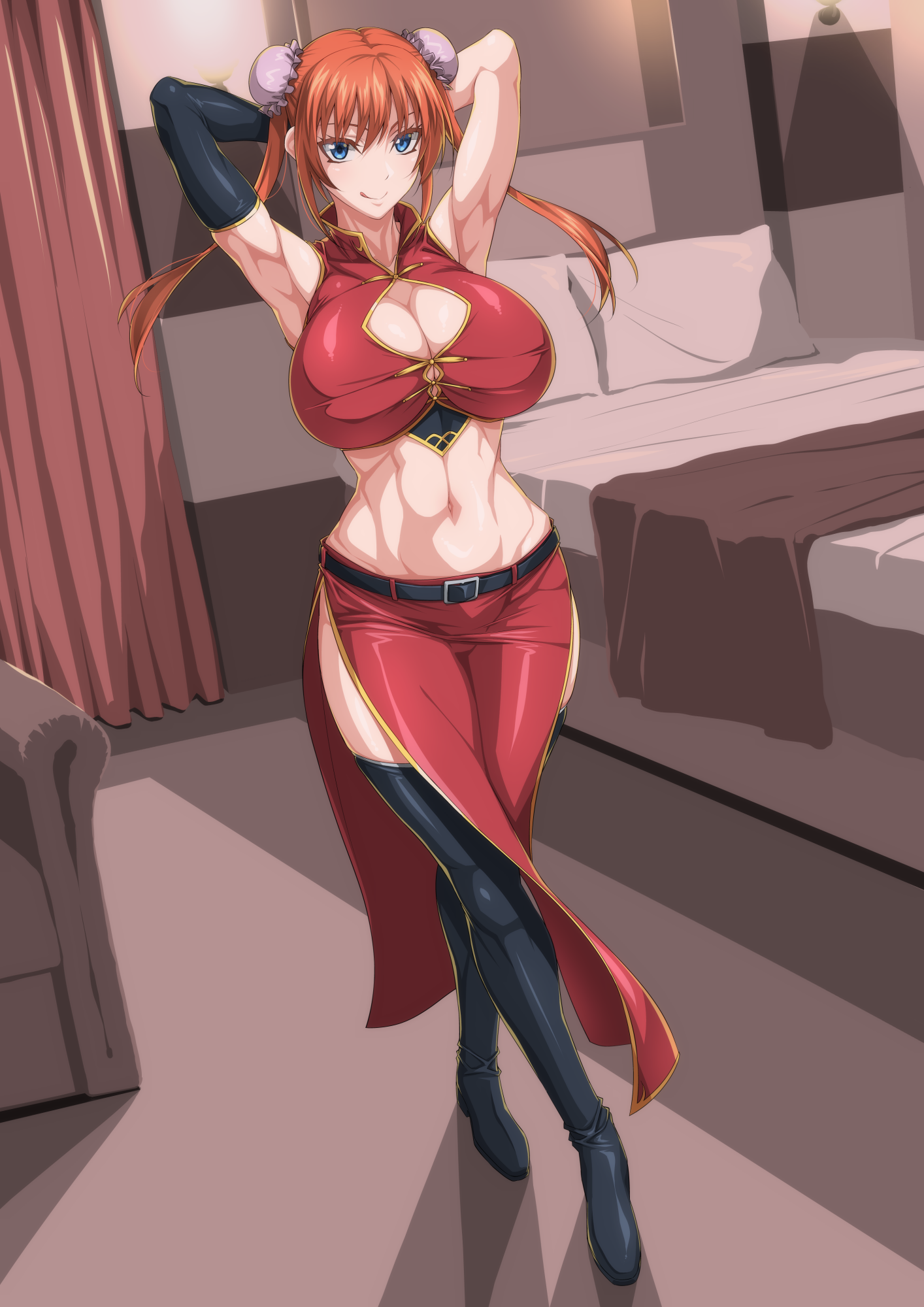 1girl :q armpits arms_up bare_shoulders bed belt black_belt black_boots black_gloves blanket blue_eyes boots breasts bun_cover chinese_clothes cleavage cleavage_cutout closed_mouth clothing_cutout colored_skin commentary_request commission couch crop_top crossed_legs curtains double_bun elbow_gloves full_body gintama gloves groin hair_bun highres indoors kagura_(gintama) large_breasts long_hair long_skirt looking_at_viewer midriff navel orange_hair ozaneko partial_commentary pillow red_legwear red_skirt shadow shirt side_slit sidelocks single_elbow_glove skeb_commission skin_tight skirt sleeveless sleeveless_shirt smile solo standing thigh_boots tongue tongue_out twintails watson_cross