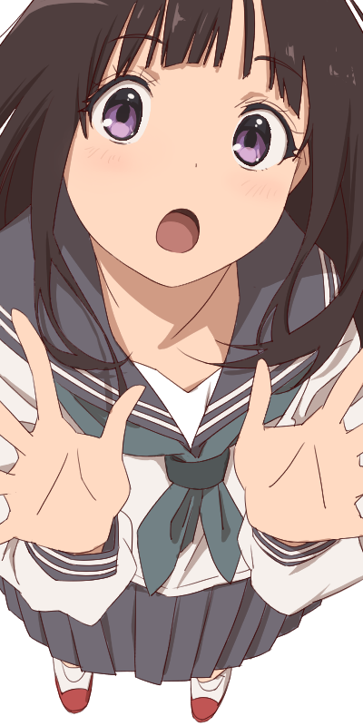 1girl aonori_misuji black_hair chitanda_eru from_above grey_neckerchief grey_sailor_collar grey_skirt hyouka kamiyama_high_school_uniform_(hyouka) long_hair looking_at_viewer neckerchief open_mouth pleated_skirt purple_eyes sailor_collar school_uniform serafuku shirt shoes skirt solo uwabaki white_shirt