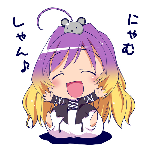 1girl ahoge blush chibi closed_eyes female_focus gradient_hair happy hijiri_byakuren long_hair mouse_(animal) multicolored_hair namusanbou natsumi_akira open_mouth parody potemayo simple_background sitting solo text_focus touhou translated white_background