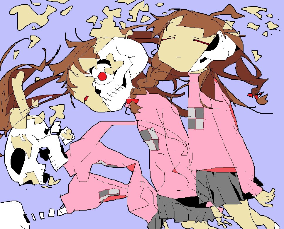 1girl black_skirt brown_hair closed_eyes dissolving dying falling feet_out_of_frame hair_down hair_half_undone half-closed_eye head_back long_hair looking_at_viewer madotsuki microsoft_paint_(medium) multiple_views pink_sweater pleated_skirt print_sweater purple_background red_eyes sequential simple_background skeleton skirt sweater tkwkai turtleneck turtleneck_sweater yume_nikki