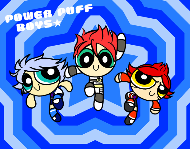 3boys blue_hair burn burn_(inazuma_eleven) gran inazuma_eleven inazuma_eleven_(series) kiyama_hiroto male_focus multiple_boys nagumo_haruya parody powerpuff_girls red_hair suzuno_fuusuke