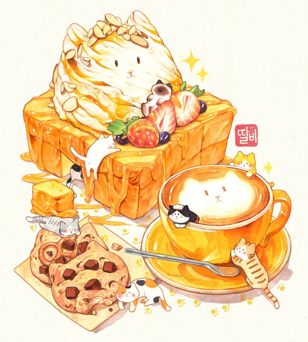 almond animal-themed_food black_eyes blueberry blush_stickers caramel cat chocolate_chip_cookie closed_eyes closed_mouth coffee commentary_request cookie cup food food_focus french_toast fruit ice_cream in_food korean_commentary napkin no_humans on_food original oversized_food oversized_object paw_print saucer shadow sign simple_background solid_oval_eyes sparkle spoon strawberry strawberry_slice syrup talbi teacup white_background