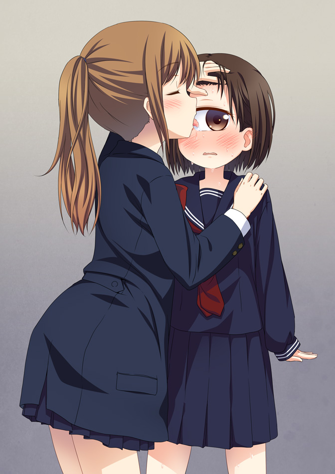 2girls blush broiler brown_hair cowboy_shot cyclops eyebrows closed_eyes licking licking_eye long_sleeves multiple_girls one-eyed open_mouth original ponytail profile sailor short_hair simple_background standing tongue tongue_out