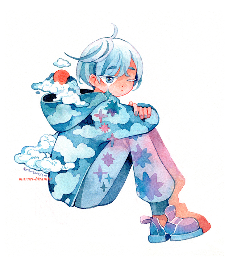 1boy ahoge artist_name blue_clouds blue_eyes blue_hair blue_hoodie blue_pants blue_shoes closed_mouth cloud cloud_print colored_eyelashes crying full_body hair_between_eyes hood hood_down hoodie looking_at_viewer male_focus maruti_bitamin one_eye_closed original pants print_hoodie purple_pants purple_shoes red_sun shoes short_hair simple_background sitting sneakers solo star_(symbol) star_print star_tears white_background white_eyelashes