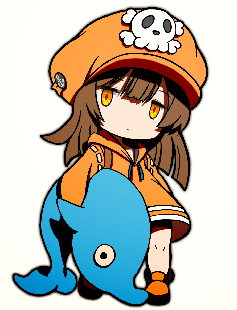 1girl anchor_symbol beeru_(veil8801) bike_shorts brown_hair cabbie_hat closed_mouth deformed dolphin double-parted_bangs drawstring full_body guilty_gear guilty_gear_strive hat highres hood hood_down hoodie long_hair long_sleeves may_(guilty_gear) no_nose orange_hat orange_hoodie simple_background skull_and_crossbones white_background yellow_eyes