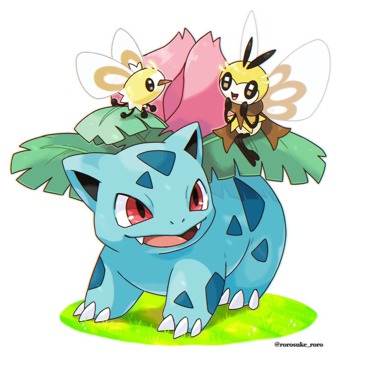 animal_focus claws commentary_request cutiefly fangs full_body gen_1_pokemon gen_7_pokemon grass ivysaur looking_ahead nintendo no_humans nostrils official_style open_mouth pokemon pokemon_(creature) red_eyes ribombee rorosuke simple_background twitter_username white_background