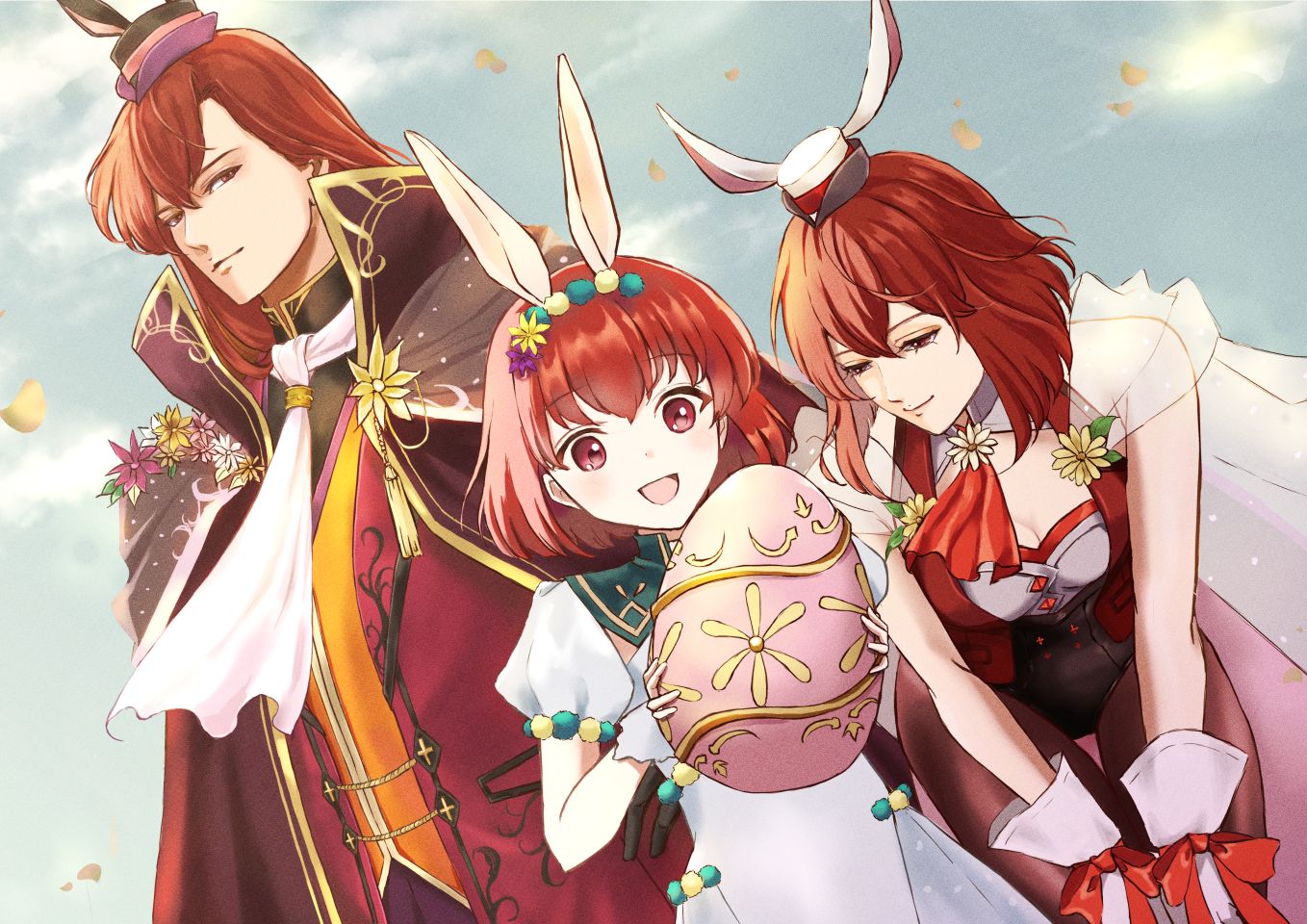 1boy 2girls animal_ears black_cloak breasts brother_and_sister cape cleavage cloak dress egg fake_animal_ears family fire_emblem fire_emblem:_mystery_of_the_emblem fire_emblem_heroes gloves hat holding holding_egg leaning leotard looking_at_another lowered_eyelids maria_(fire_emblem) maria_(spring)_(fire_emblem) michalis_(fire_emblem) michalis_(spring)_(fire_emblem) minerva_(fire_emblem) minerva_(spring)_(fire_emblem) mini_hat multiple_girls neckerchief nintendo official_alternate_costume open_mouth pantyhose rabbit red_hair red_ribbon ribbon see-through_cape short_hair siblings sisters small_breasts smile white_dress white_gloves yori_ilrosso