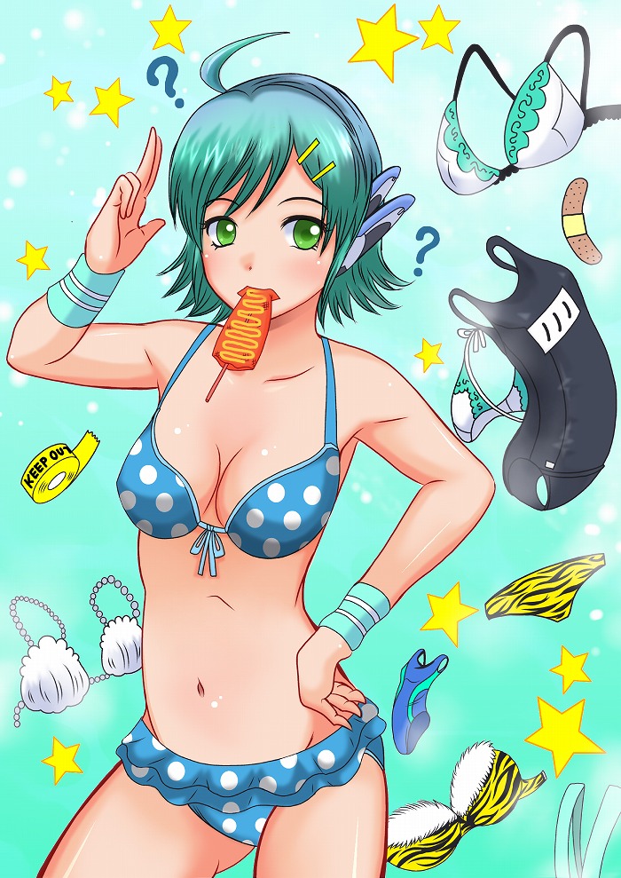 1girl ? animal_print bandaid bikini caution_tape competition_swimsuit dream_c_club dream_c_club_(series) dream_c_club_zero green_eyes green_hair ikayaki keep_out nonono_(dream_c_club) one-piece_swimsuit polka_dot polka_dot_bikini polka_dot_swimsuit school_swimsuit shell shell_bikini shiina_you_(tomoshibi) short_hair squid swimsuit tiger_print wristband