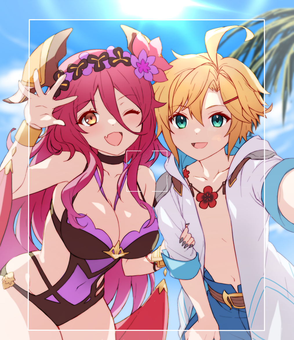 1boy 1girl :d ;d ahoge bare_shoulders blonde_hair blue_eyes blue_shorts breasts covered_navel dragalia_lost dragon_girl dragon_horns dragon_tail ekra euden fang flower grey_nails hair_between_eyes hair_flower hair_ornament holding_another&#039;s_arm horns jacket large_breasts long_bangs long_hair looking_at_viewer mym_(dragalia_lost) nail_polish navel official_alternate_costume one-piece_swimsuit one_eye_closed open_clothes open_jacket open_mouth orange_eyes red_hair selfie short_hair shorts skin_fang smile swimsuit tail very_long_hair viewfinder white_jacket